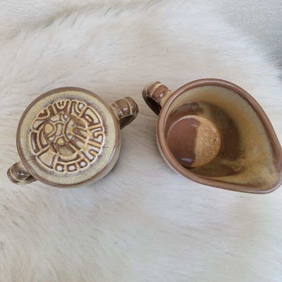 vintageFrankoma Pottery Mayan Aztec Brown Creamer & Lidded Sugar 7A 7B - Picture 3 of 5